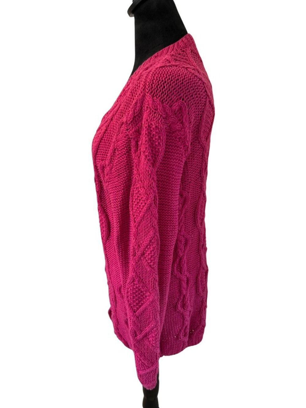 Vintage Lauren Hansen Size S Hand Knit Raspberry Pink Cable Knit Cardigan Cozy - Picture 4 of 16